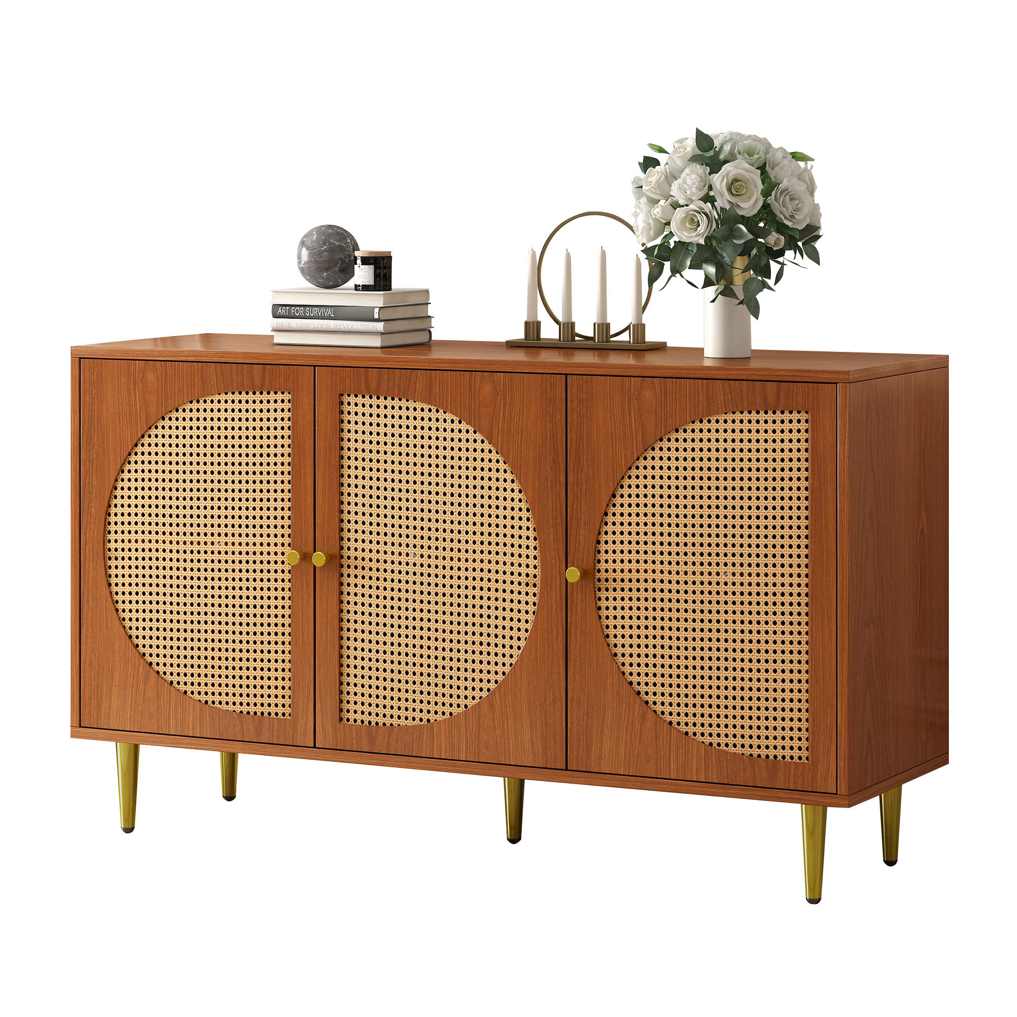 SIDEBOARD i valnötsfärg med 3 rottingdörrar och metallhandtag, B129,8/D40/H76cm Valnötsfärgad 76/129.8/40 cm