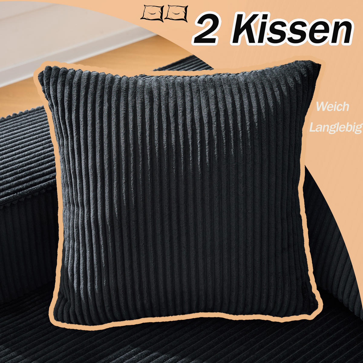 ECKSOFA 235/128/80 cm Schwarz Cord mit Linke Chaiselongue - Schwarz, Textil (235/128cm) - Oxeza