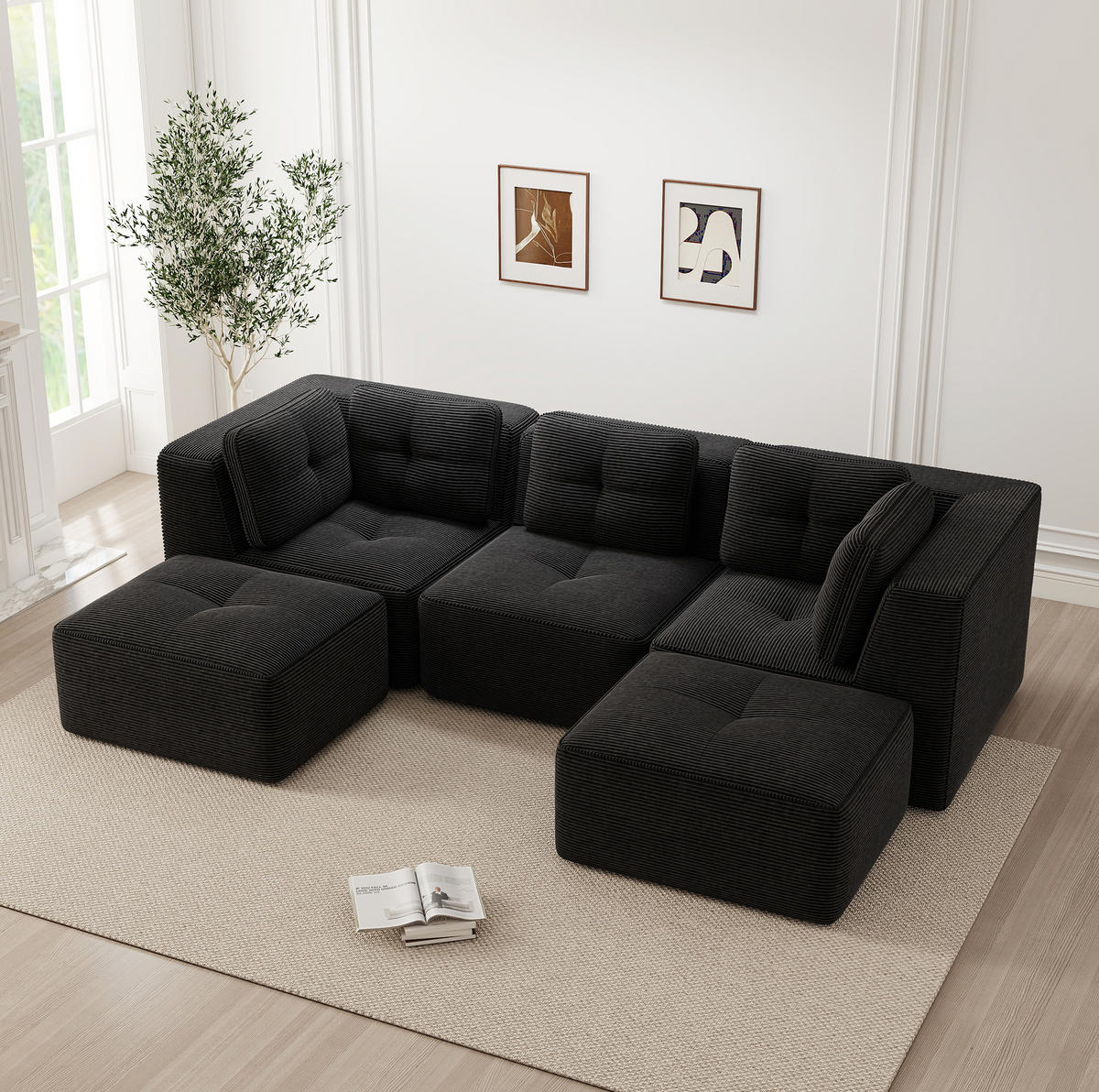 ECKSOFA 297/177/69 cm schwarz aus Cord mit modularem Design ohne Montage - Schwarz, Textil (177/297cm) - OKWISH
