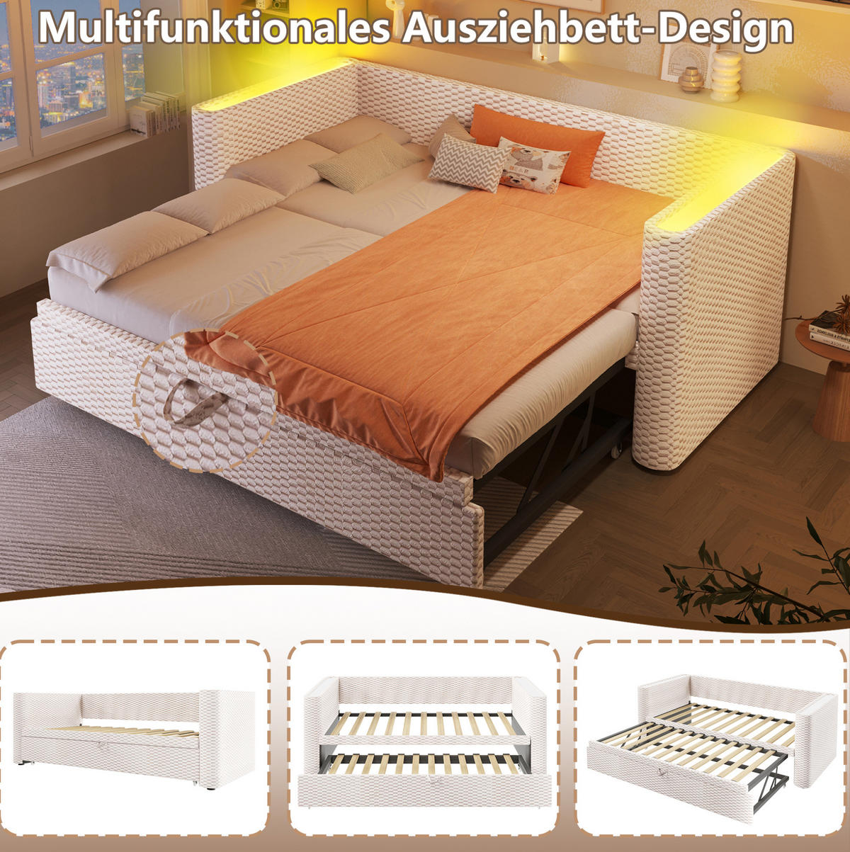 ROZKLÁDACÍ postel 90/200 cm béžová z sametu s LED osvětlením a funkcí lůžka 180/200 cm - béžová, textil (90/200cm) - OKWISH