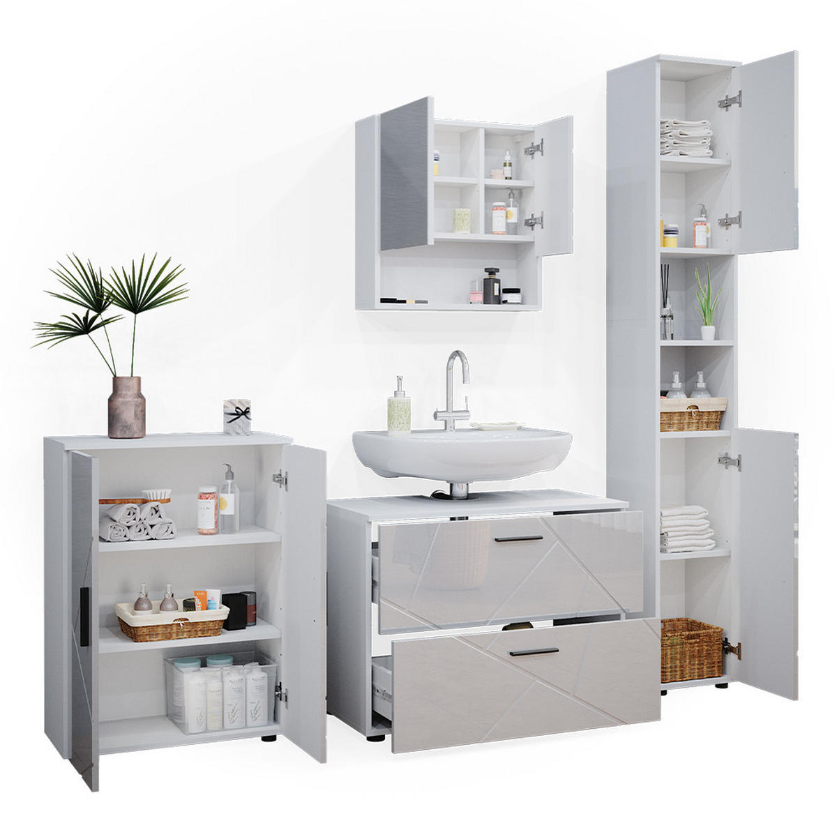 BADMÖBEL-SET Irma Weiß Hochglanz 4 Teile mit Schubladenschrank und Midischrank - Weiß Hochglanz/Weiß, Holzwerkstoff (80/58/41cm) - Vicco