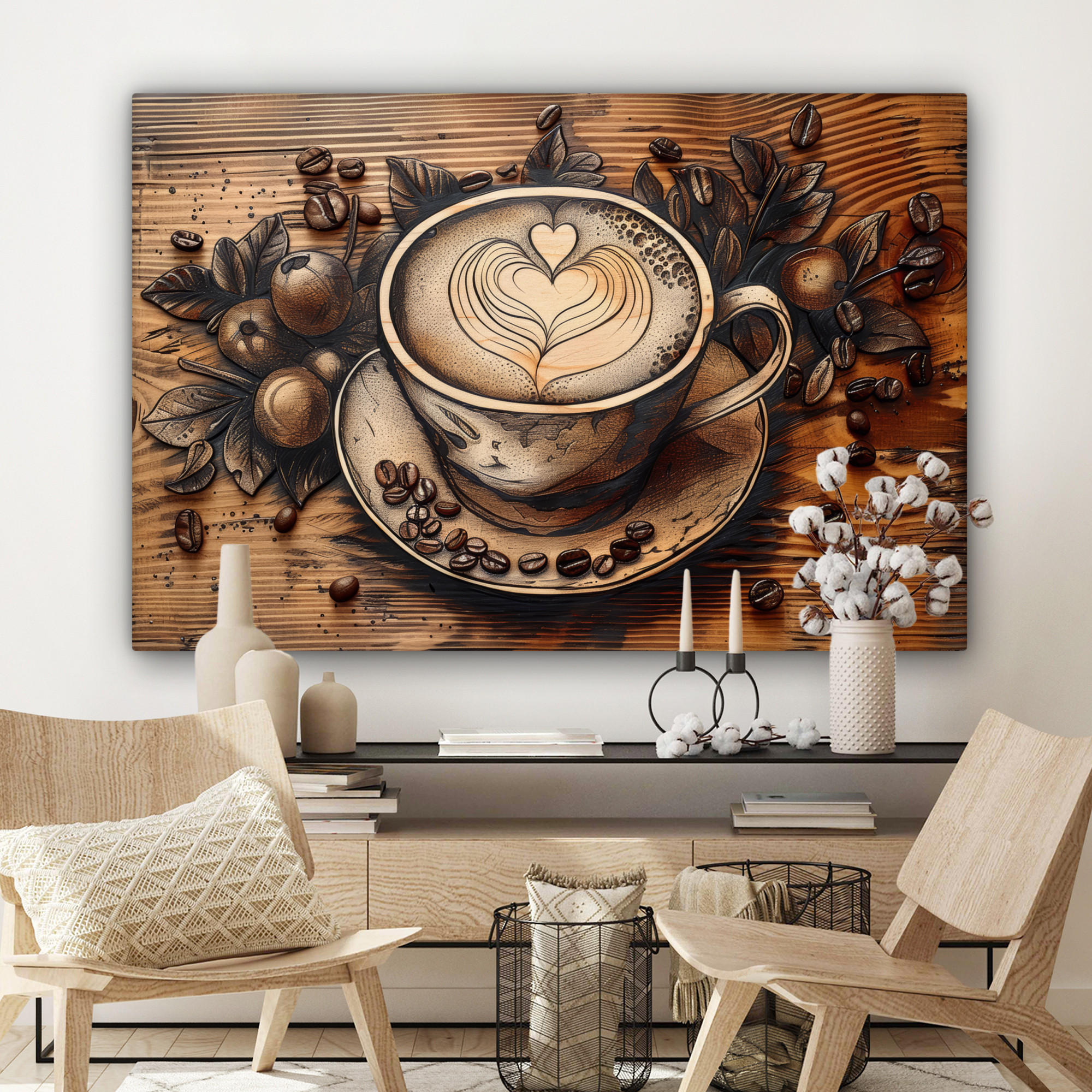 LEINWANDBILD Kaffee - Vintage - Braun - Tasse - Holz Groß 140x90 cm - Braun, Textil (140/90cm) - MuchoWow