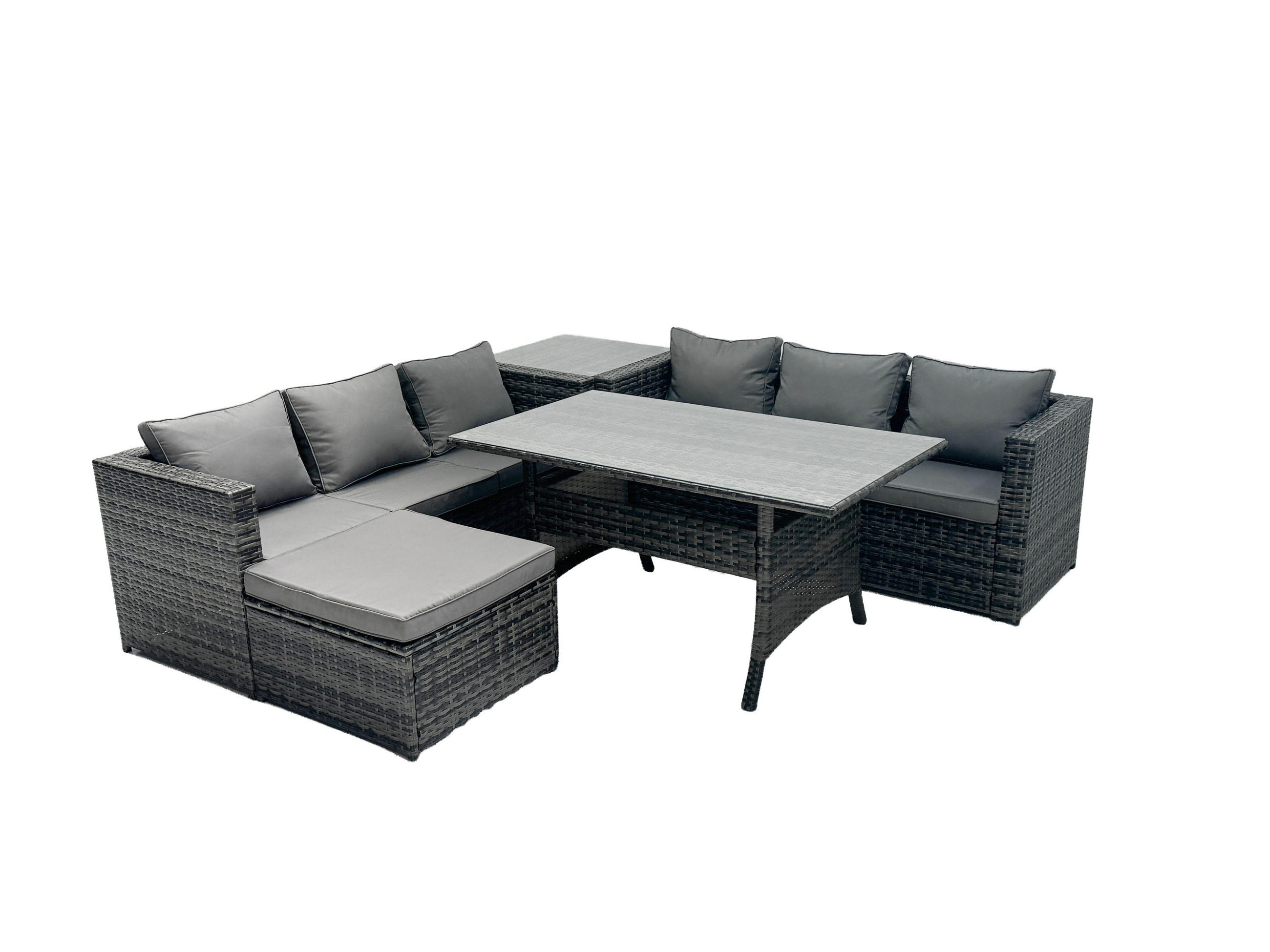 LOUNGEGARNITUR mit Fußschemel,Beistelltisch Polyrattan Dunkelgrau 6-Sitzer - Dunkelgrau/Grau, Glas/Kunststoff - Fimous