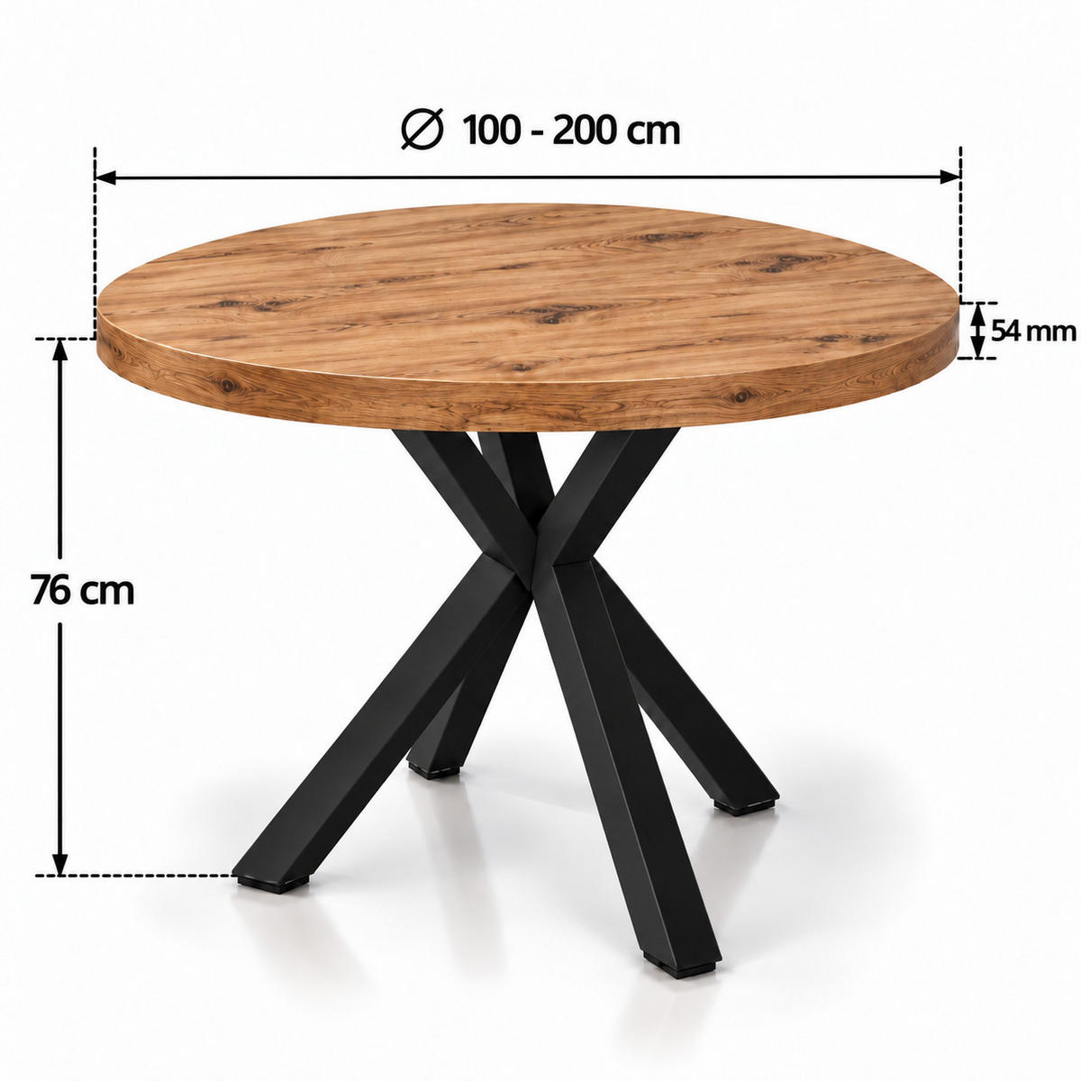 ESSTISCH rund ausziehbar 100/200/76 cm, Eiche Craft, 54 cm Tischplatte + X Metallbeine Schwarz - Eichefarben/Schwarz, Holzwerkstoff/Metall (100/200/76cm) - Damale Möbel