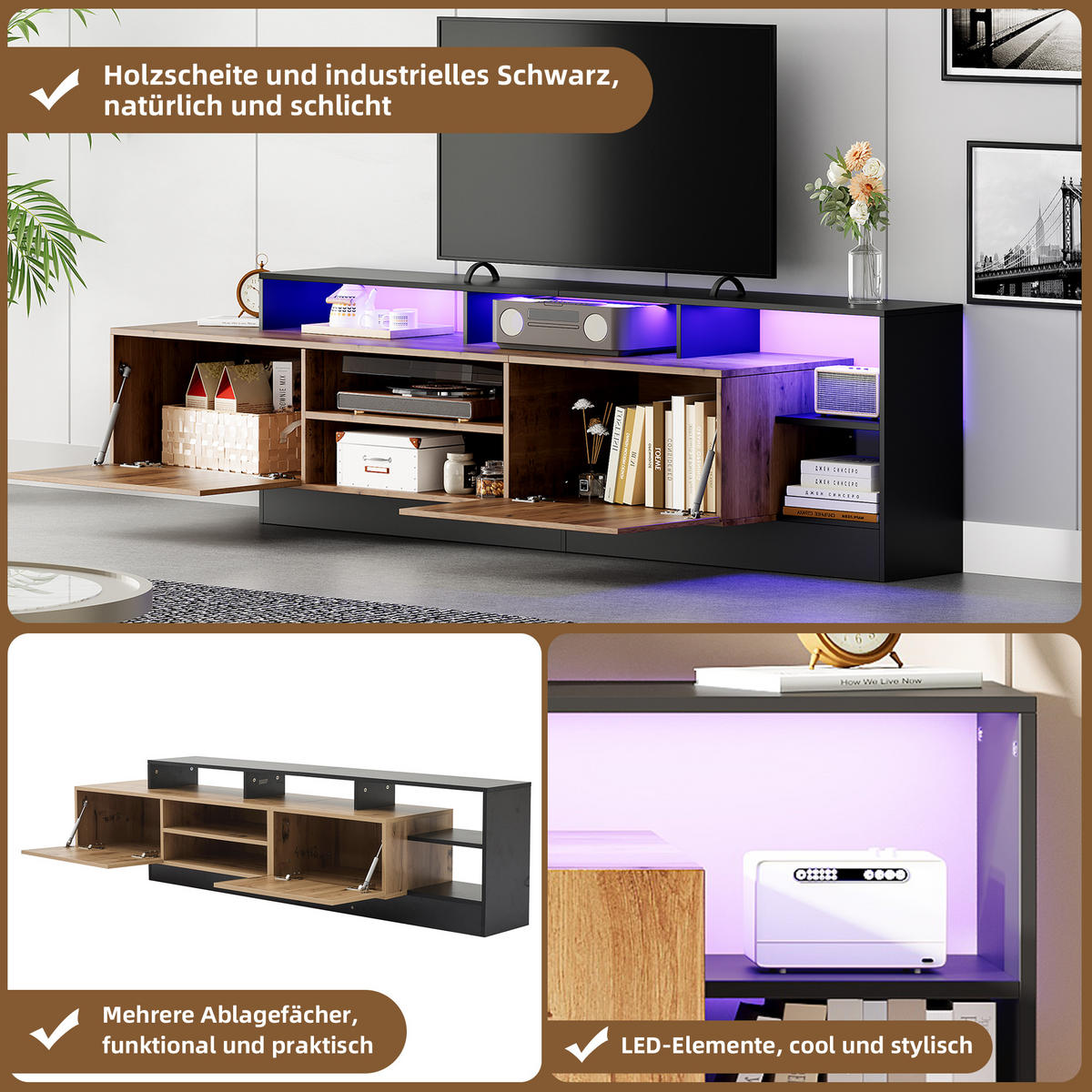 TV-ELEMENT 190/40/48.5 cm Schwarz + Eiche mit LED-Anzeigen - Schwarz, Holz (40/48.5/190cm) - Oxeza