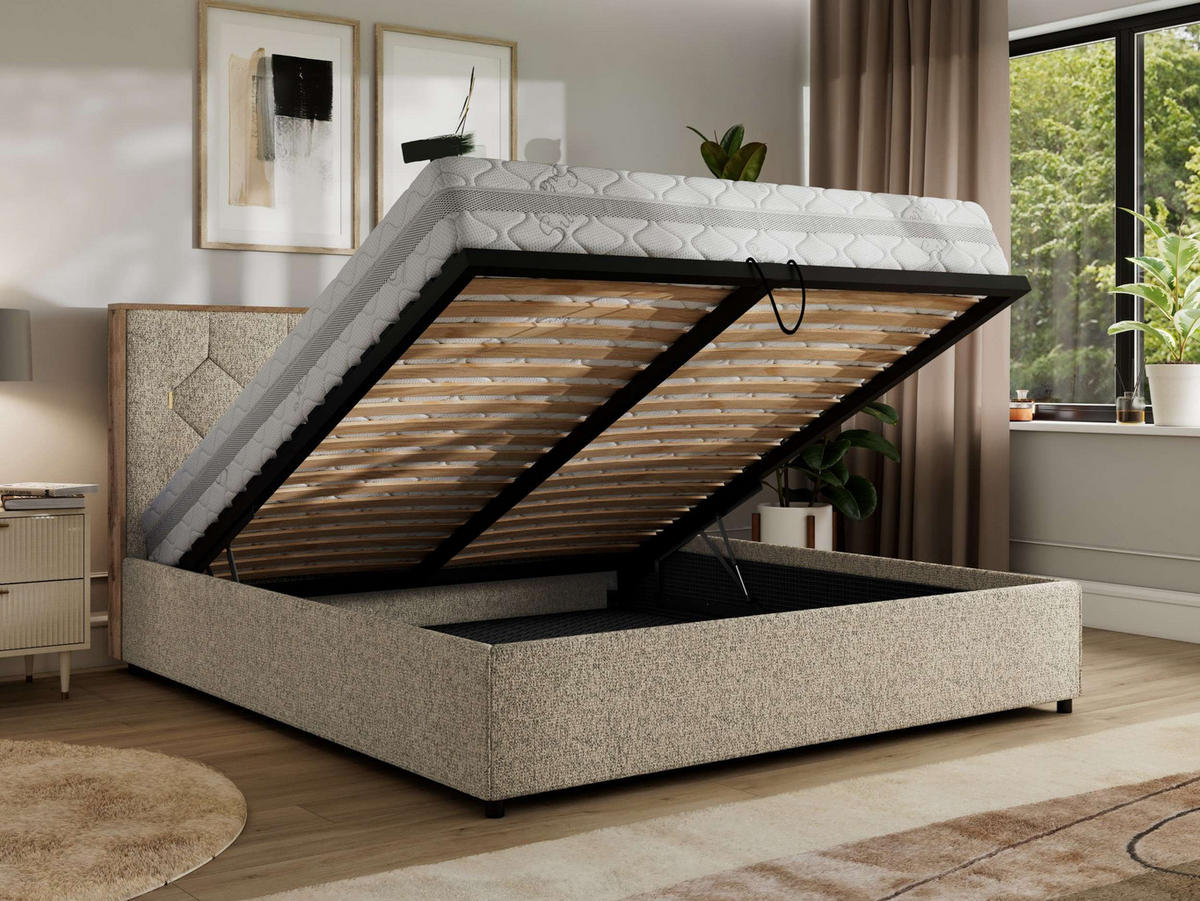 POLSTERBETT LARINO CLASSIC 180/200 - Dunkelbeige Strukture - Schaum-Matratze - Bronzefarben, Textil (180/200cm) - MKS