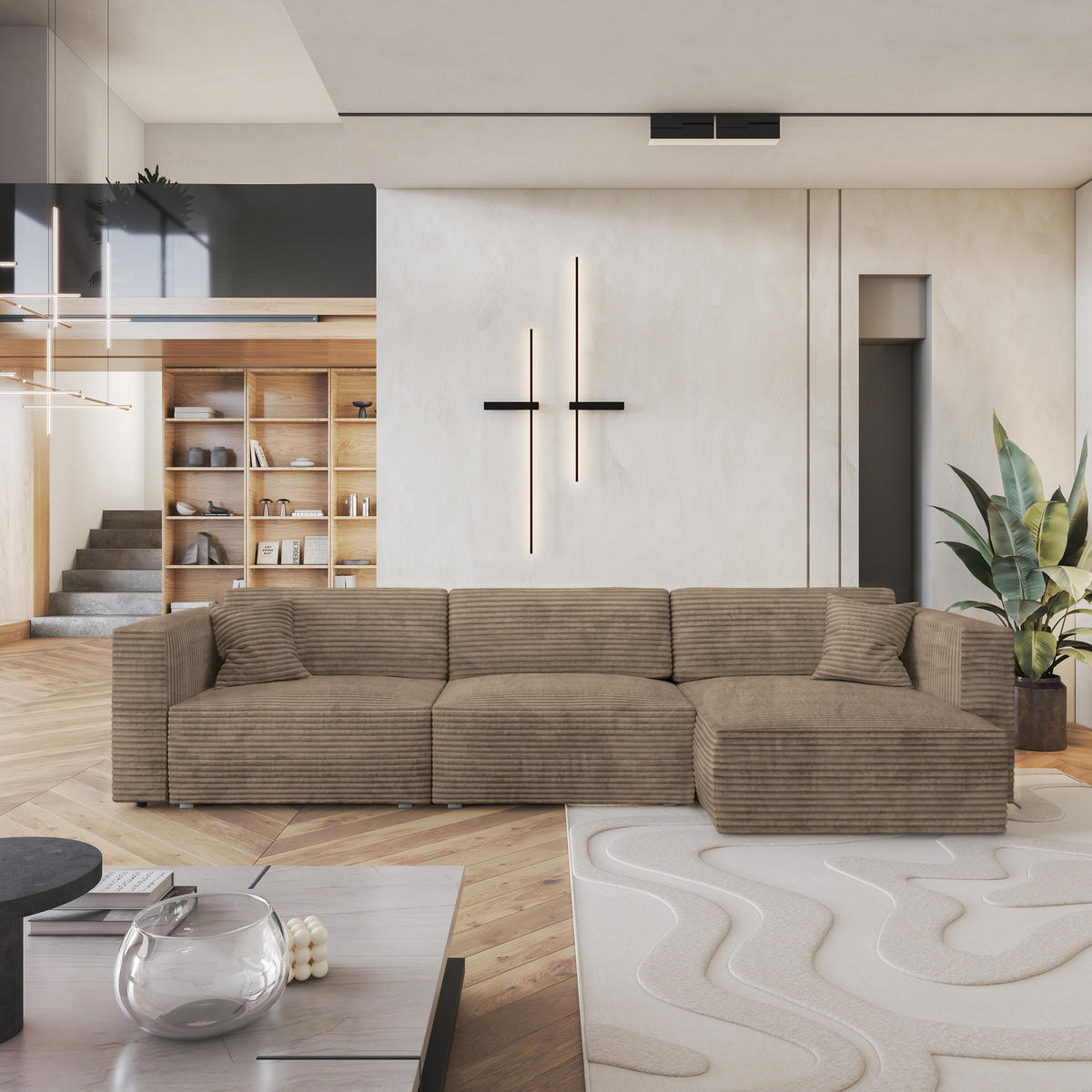 ECKSOFA TOLMO Beige Kordstoff mit Schlaffunktion - Beige/Grau, Holz/Kunststoff (347/148cm) - MASSENO