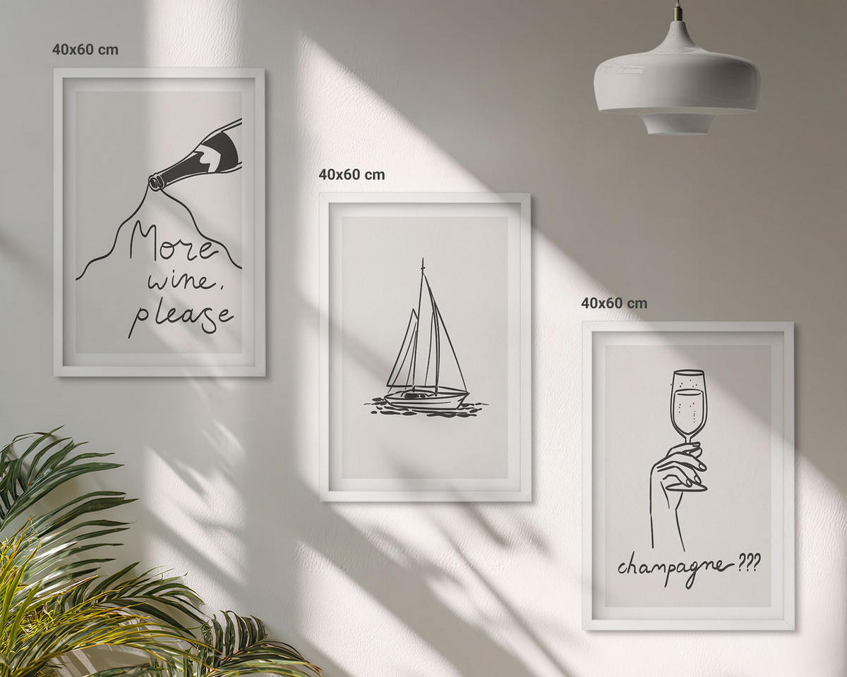 BILDER SET 3er Set - 40x60 cm Weißer Rahmen - Weinsegelboot-Glas-Linienzeichnung - Weiß, Kunststoff (40/60cm) - TULUP