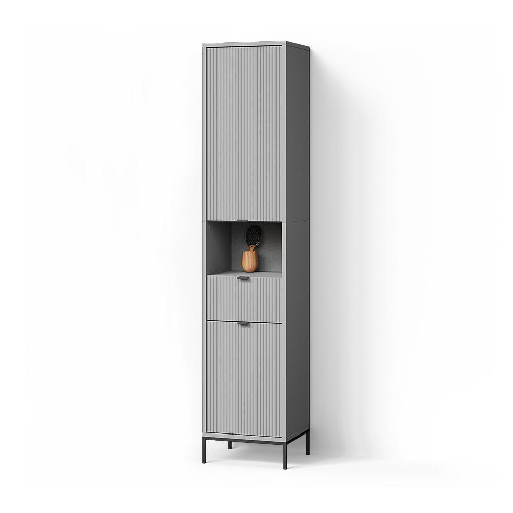 BADSCHRANK ATERNO Grau 40 x 190 cm mit Türen, und Schublade - Grau, Holzwerkstoff (40/190/35cm) - Livinity®