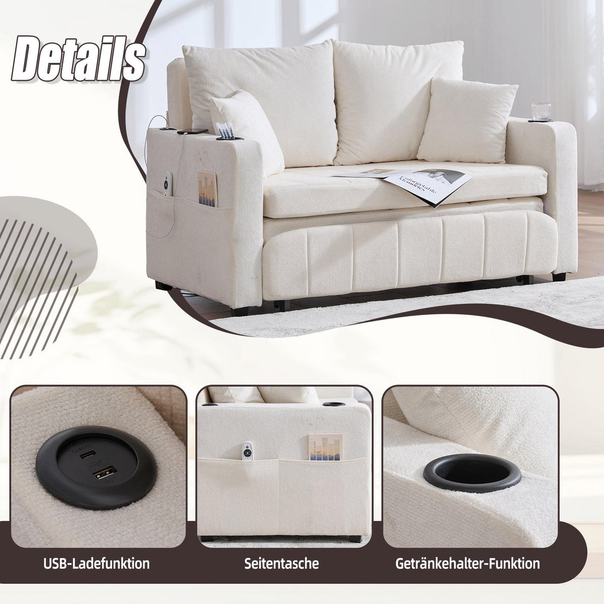 SCHLAFSOFA aus chenille mit bettfunktion, usb-anschluss & becherhaltern - Beige, Textil (139/83/73cm) - Urban Meuble