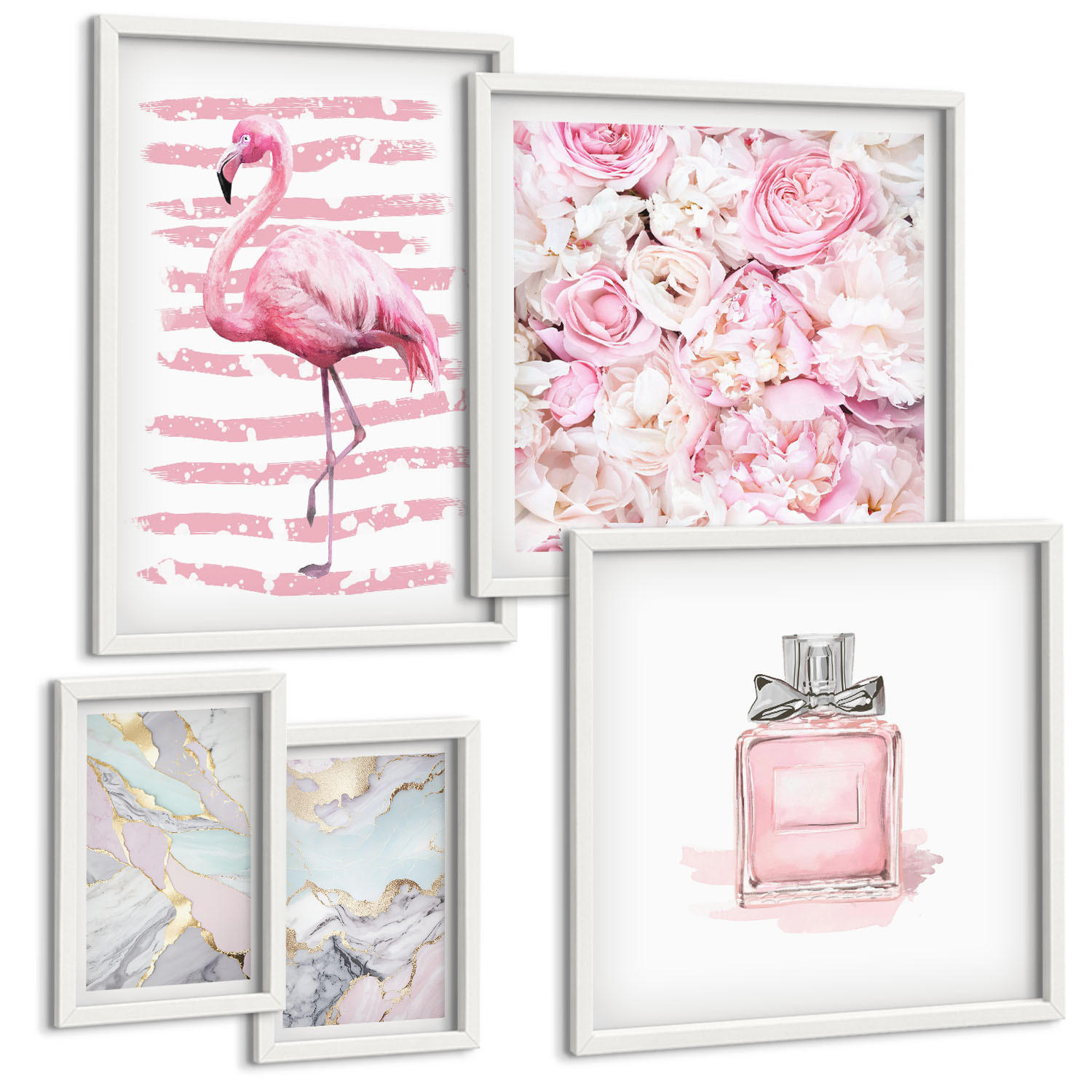 BILDER SET 5er Set - 50x50 cm & 20x30 cm & 40x60 cm Weißer Rahmen - Rosa Blumen Marmor Pastell - Weiß, Kunststoff (40/60cm) - TULUP