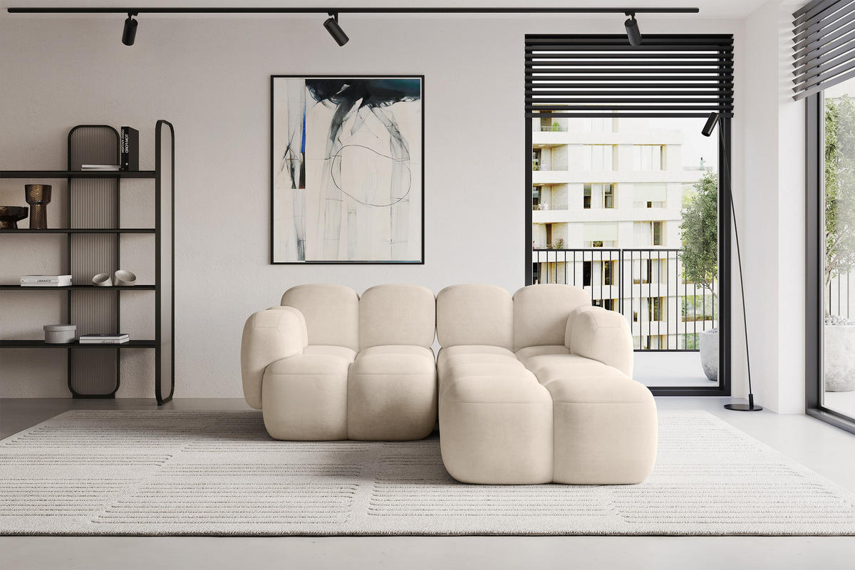 ECKSOFA modulares Sofa Rechts Miko-L1 214x205x75 Beige Velours - Ecru/Schwarz, Holzwerkstoff/Kunststoff (214/205cm) - ALTDECOR