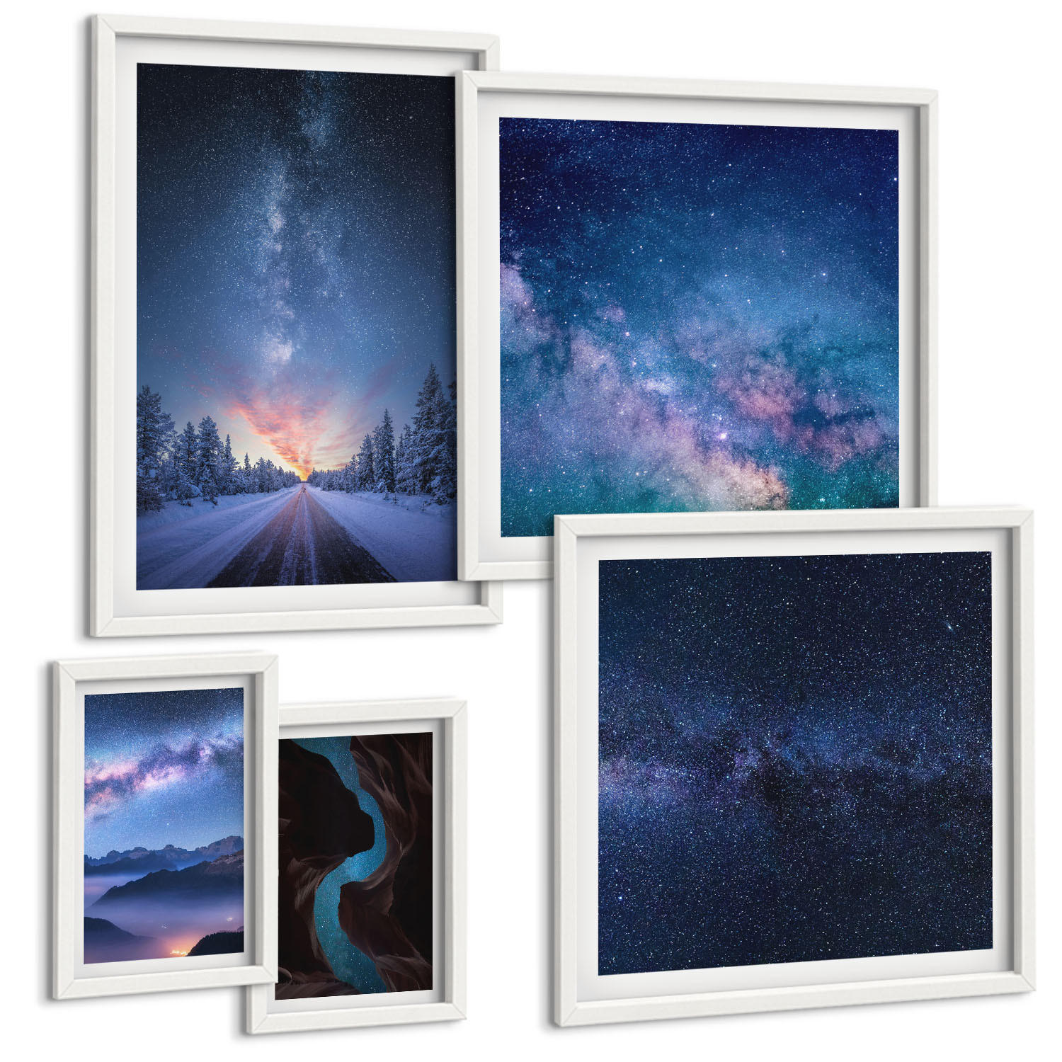 BILDER SET 5er Set - 50x50 cm & 20x30 cm & 40x60 cm Weißer Rahmen - Herbstliche Naturlandschaften - Weiß, Kunststoff (40/60cm) - TULUP