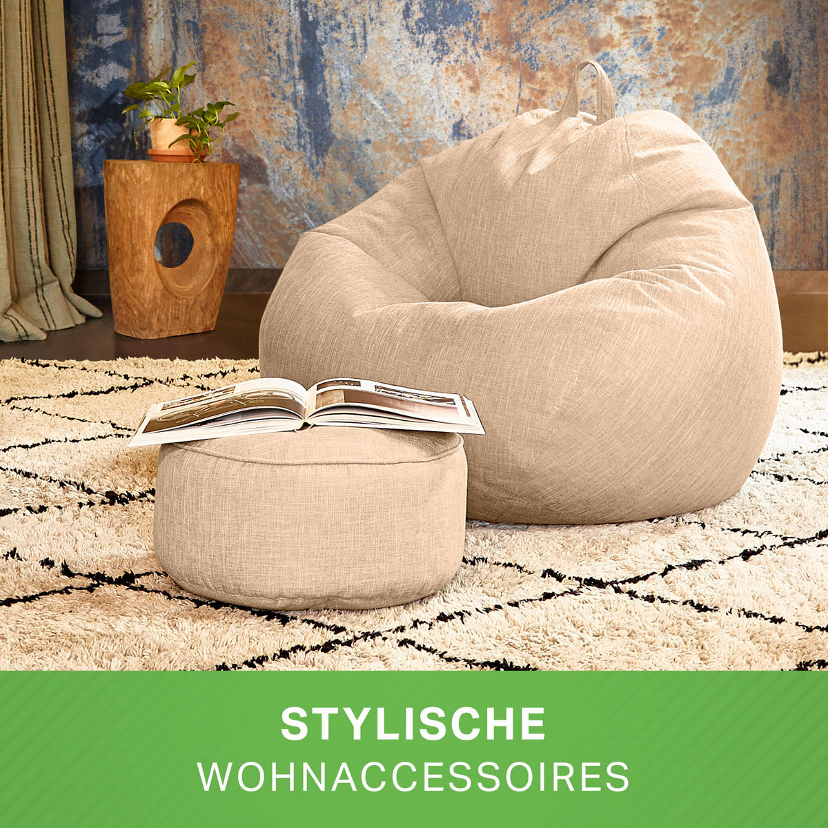 SITZSACK Indoor Set "Home Linen“+Hocker - Beige, Textil (80/90/50cm) - Green Bean