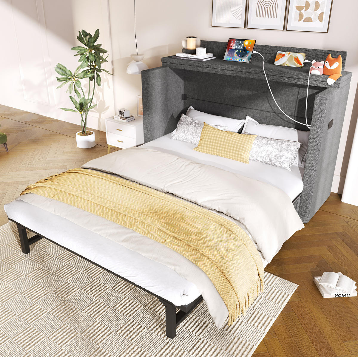 BETT 140/200 cm Grau mit Schublade und USB- und Type-C-Anschlüssen - Grau, Textil (140/200cm) - Flora Grace