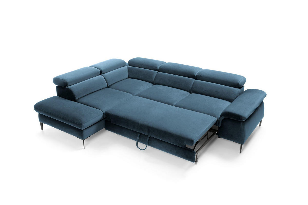 ECKSOFA MESTO Blau Velours-Stoff mit Schlaffunktion - Blau, Holz (280/214cm) - MASSENO