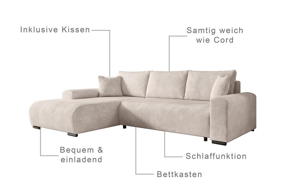 ECKSOFA Nelly mit Bettkasten und Schlaffunktion, Cordstoff in L-Form - Creme, Textil (270/185cm)