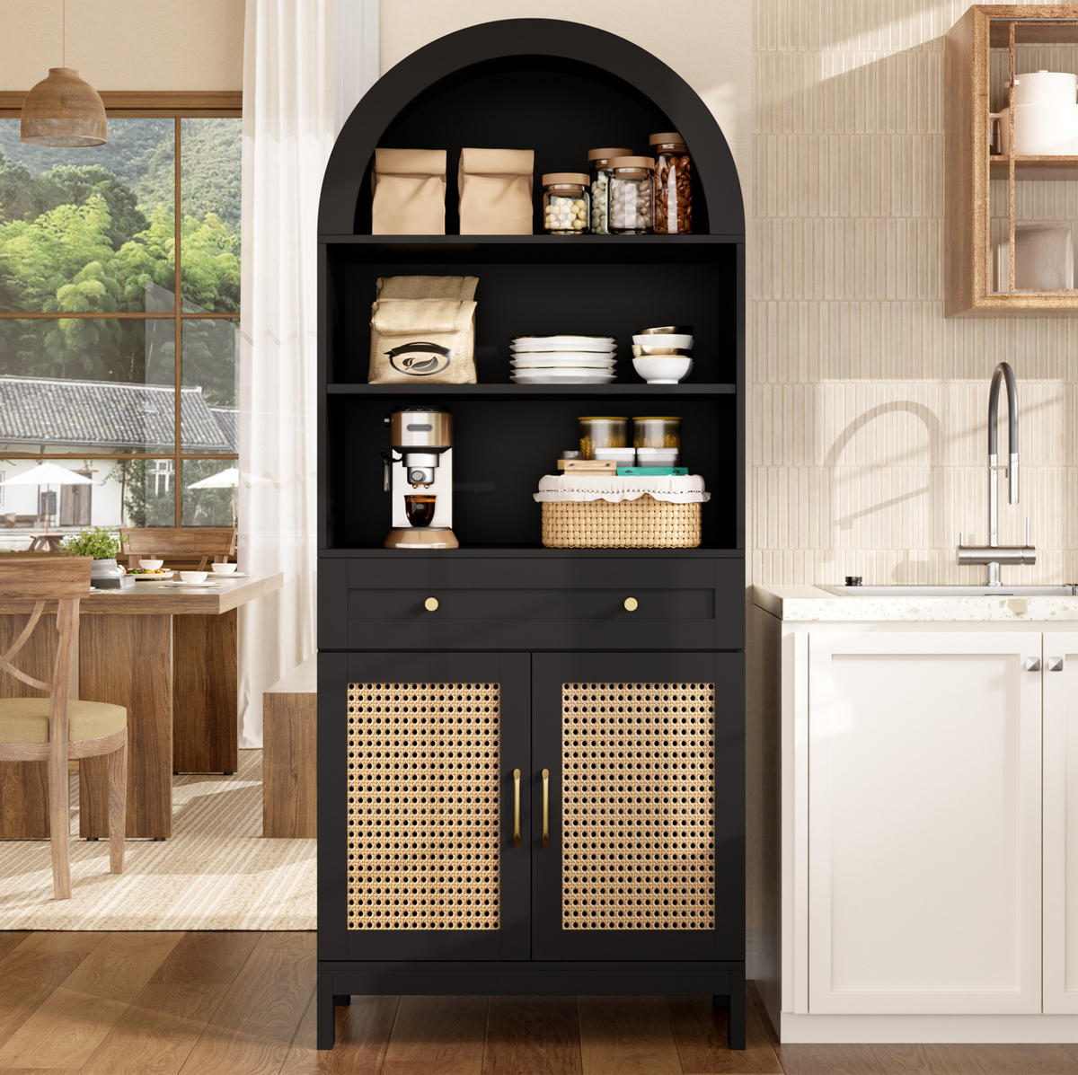 VITRINENSCHRANK in Schwarz und Holzoptik 70x40x170 cm mit 2 Türen und Schublade - Schwarz, Holzwerkstoff (40/170/70cm) - IVMEU