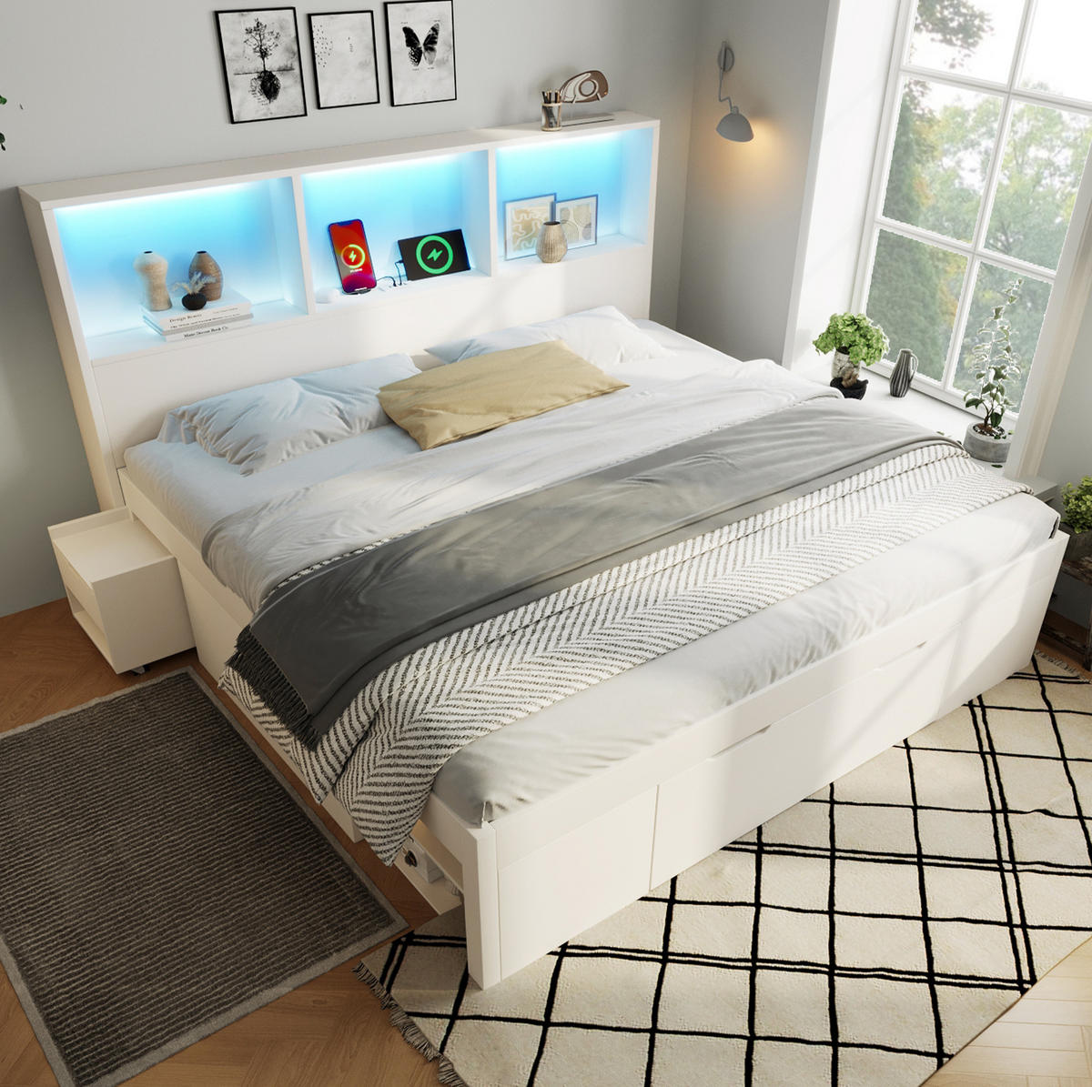 DREVENÁ posteľ 140x190 cm biela s úložným priestorom, LED osvetlením, USB-C a pohyblivým nočným stolíkom - biela, kompozitné drevo (140/190cm) - Modfu