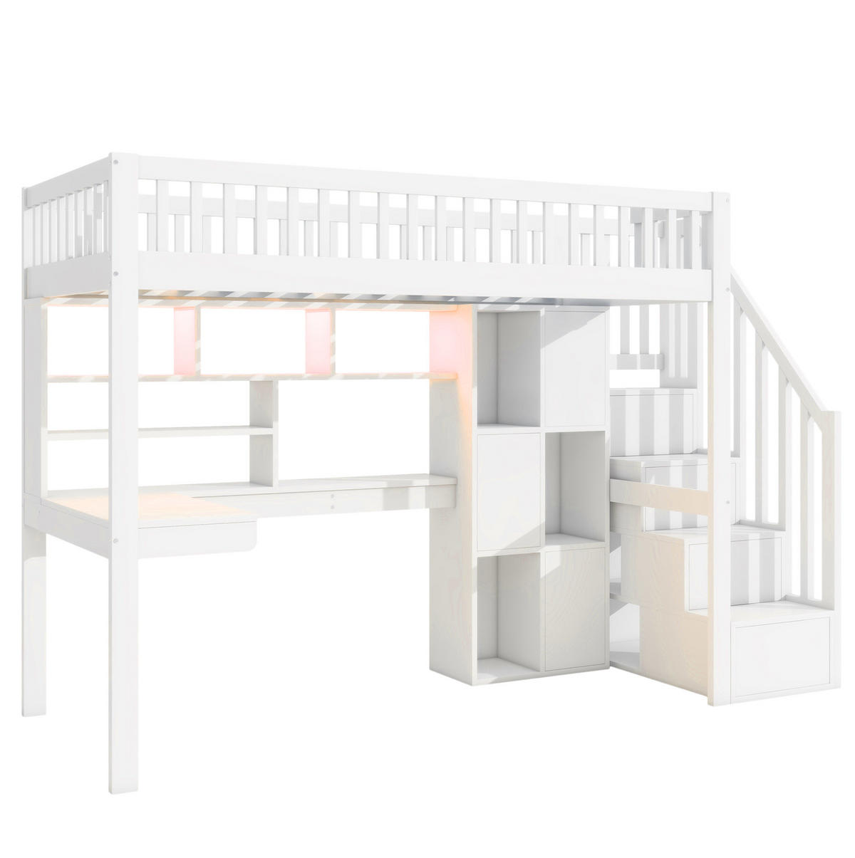 HOCHBETT 90/200 cm aus Kiefer und MDF mit Schreibtisch und LED-Beleuchtung Weiß - Weiß, Holz (90/200cm) - Modenvie