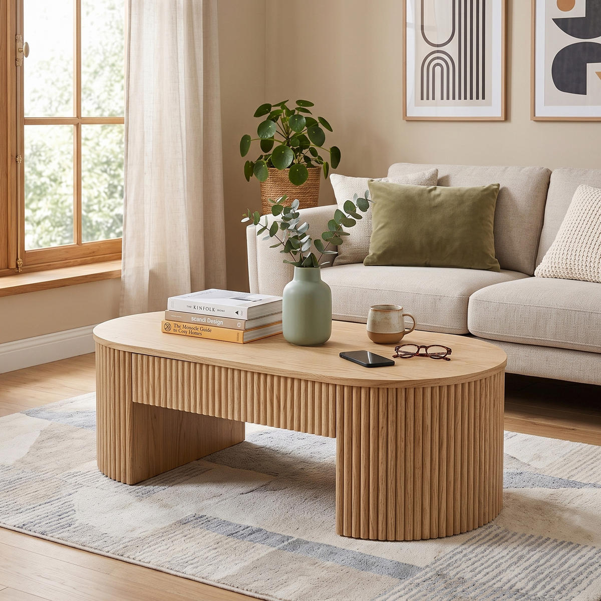 COUCHTISCH Oval Eichenoptik mit Schublade & Fluted Design - Naturfarben, Holzwerkstoff (54/105/38cm) - Urban Meuble