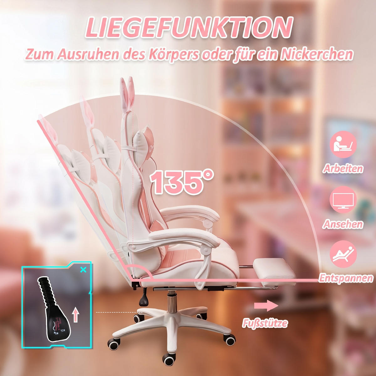 GAMING-SESSEL Rosa Kunstleder, Schaumstoff 65xx63x142 xm - Rosa, Kunststoff (63/142/65cm) - DESIGN IN