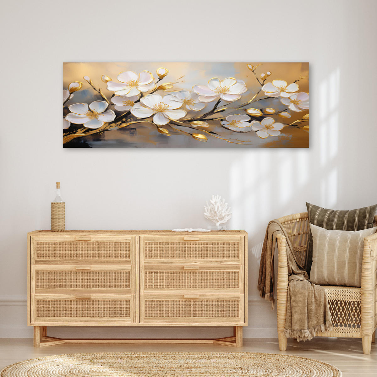 WANDBILD moderne weiße blumenpflanzen zweig - Goldfarben, Textil (90/30cm) - Feeby