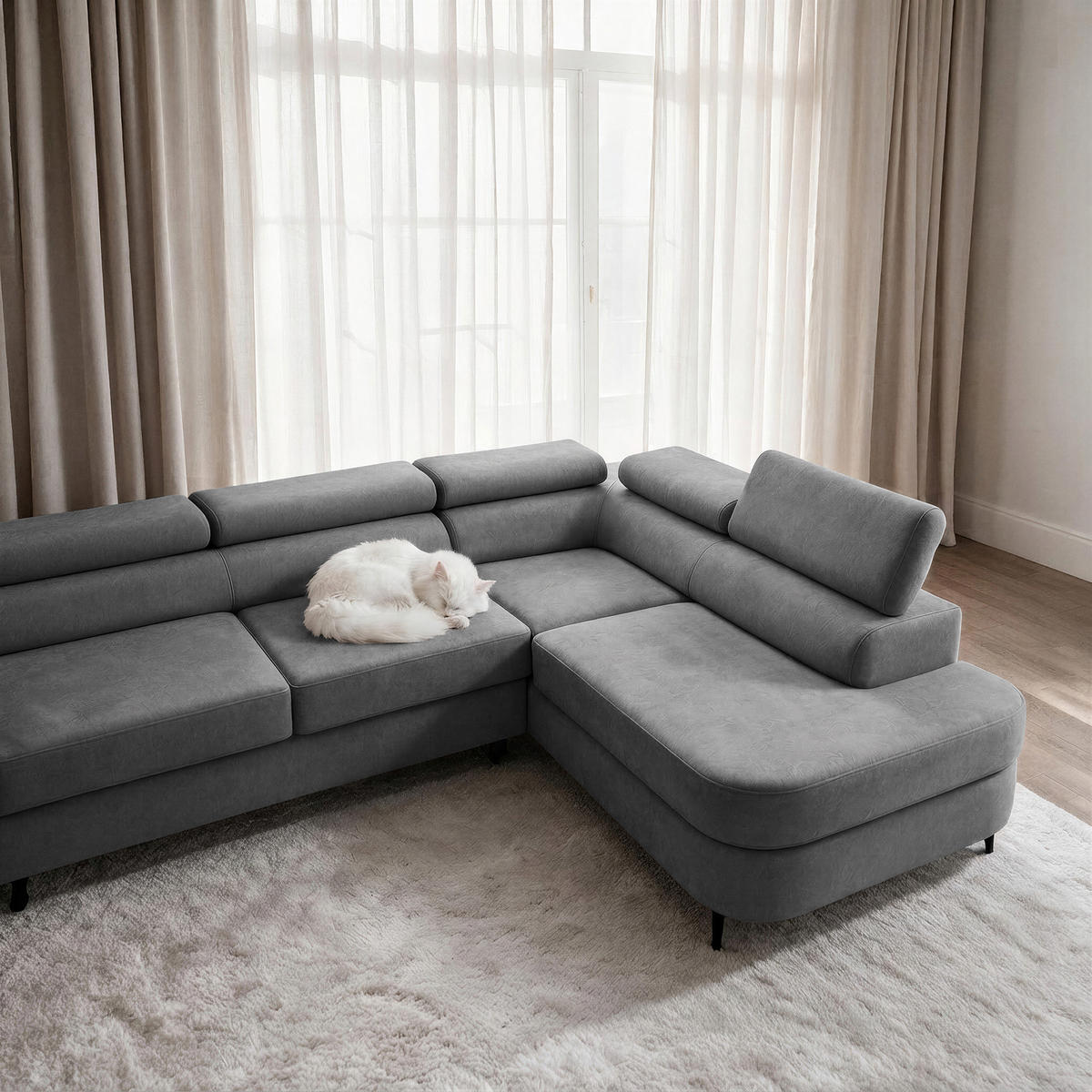 ECKSOFA PRIAM MAXI L-Form Rechts mit Schlaffunktion 125x195 Velours Grau - Schwarz/Grau, Holz/Textil (350/203cm) - Muffo