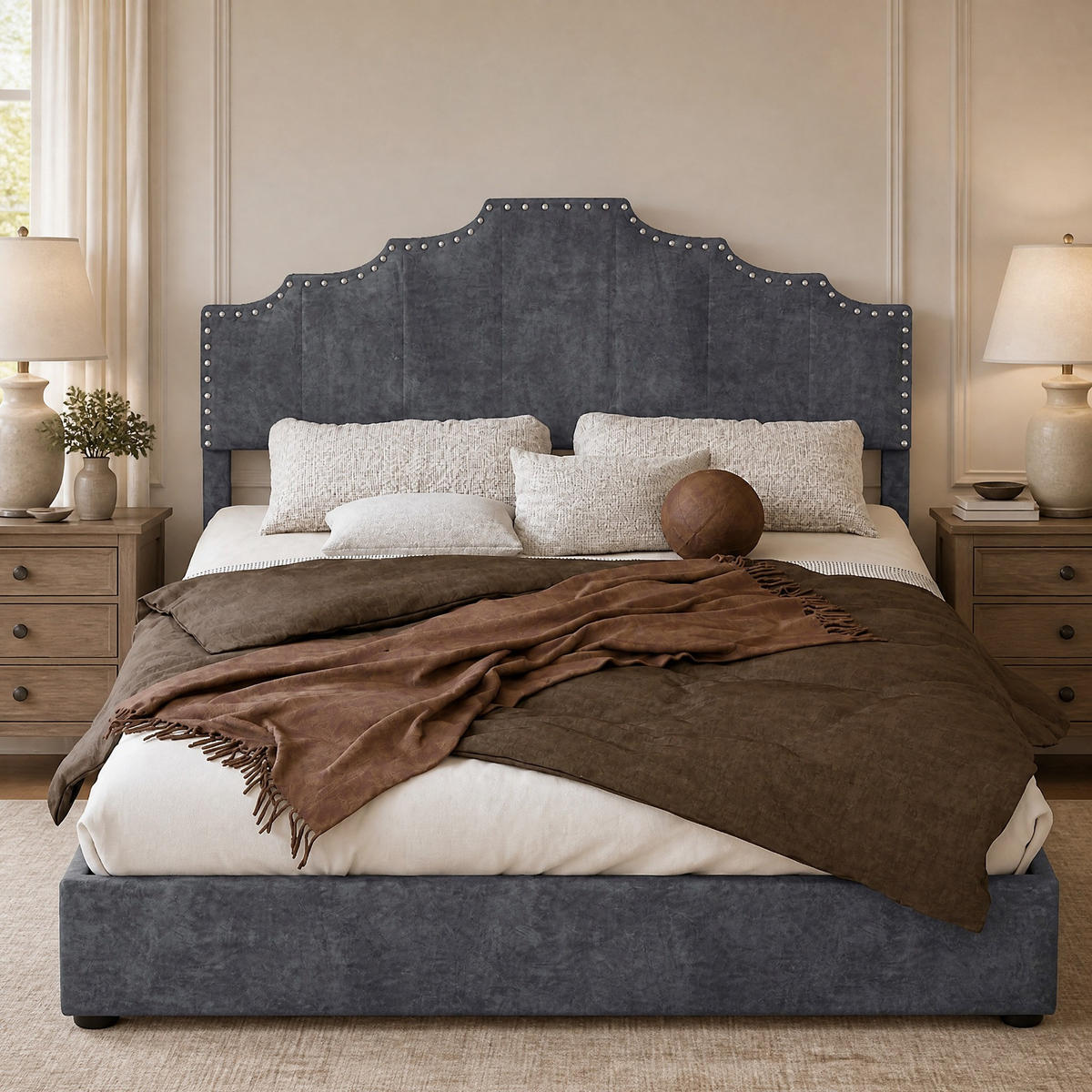 POLSTERBETT 140/200 mit Gasdruckfeder, gepolstertem Kopfteil und Ziernieten in Grau - Grau, Holzwerkstoff/Textil (140/200cm) - EVRYAE