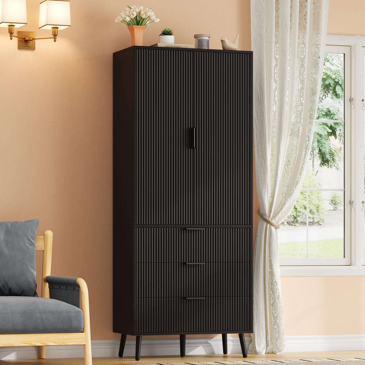 HIGHBOARD DE-38756 75/35/180 cm 2 Türen und 3 Schubladen Schwarz - Schwarz, Holzwerkstoff (75/180/35cm) - ComfortXL