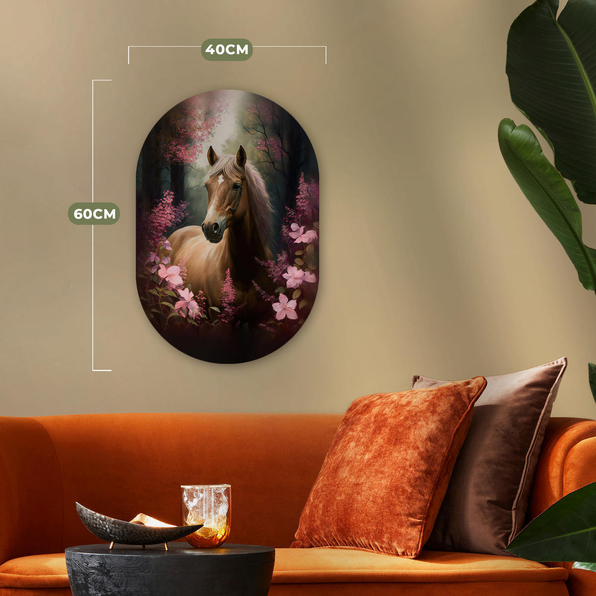 WANDBILD Pferd - Blumen - Rosa - Natur - Wald 40x60 cm - Altrosa, Kunststoff (40/60cm) - MuchoWow