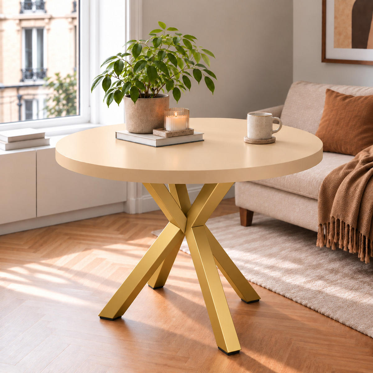 ESSTISCH rund ausziehbar 100-200/76 cm, Kaschmir, 54 cm Tischplatte + X Metallbeine Gold - Kaschmir/Goldfarben, Holzwerkstoff/Metall (100/200/76cm) - Damale Möbel
