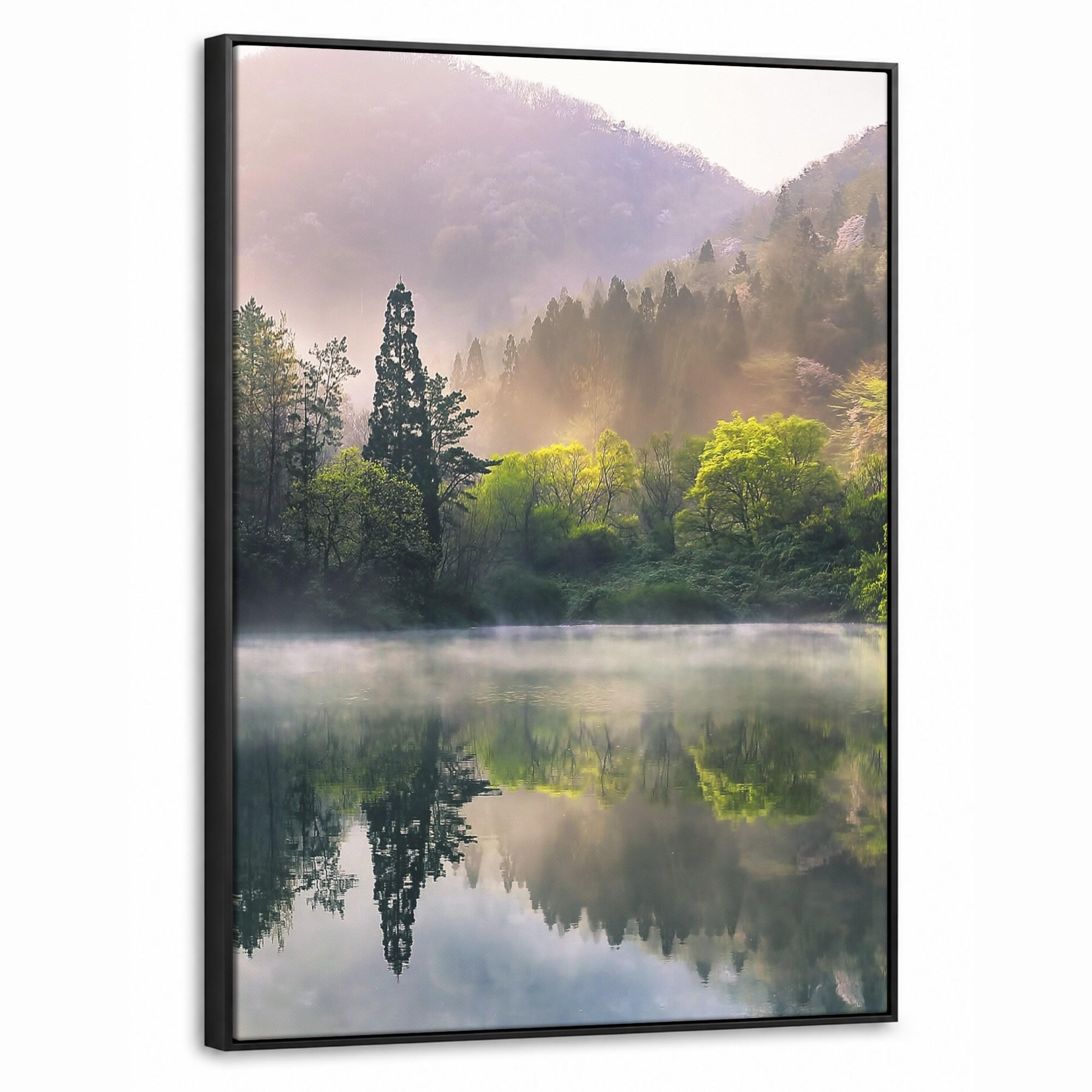 LEINWAND Bilder mit Rahmen - Natur - Bäume - Berge - See - Wasser - 60x80 - Hellgrün, Textil (60/80cm) - MuchoWow