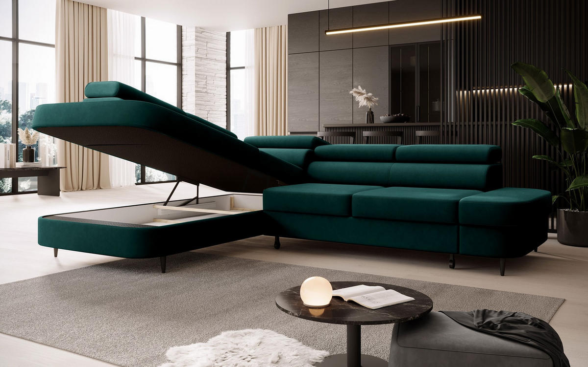 ECKSOFA Priam L-Form mit Schlaffunktion und Stauraum Modern Form Grün - Dunkelgrün, Holz/Textil (275/203cm) - Muffo