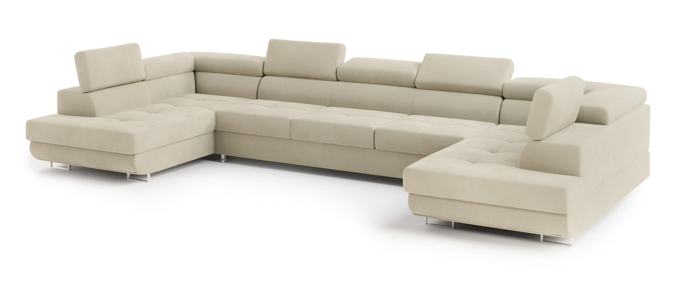 WOHNLANDSCHAFT ISOLANO Creme Velours-Stoff mit Schlaffunktion - Creme, Holz (408/90/202cm) - MASSENO