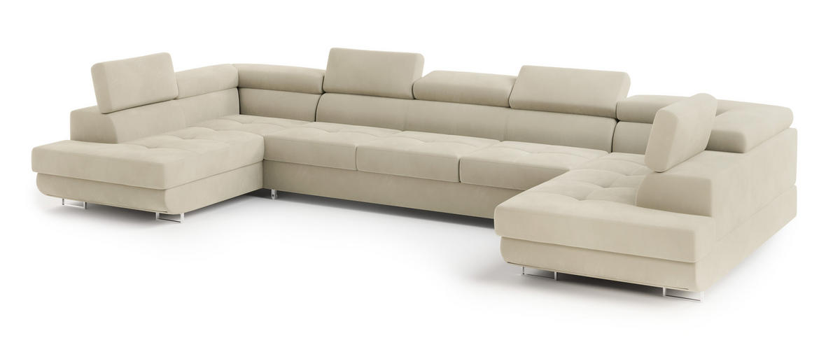 WOHNLANDSCHAFT ISOLANO Creme Velours-Stoff mit Schlaffunktion - Creme, Holz (408/90/202cm) - MASSENO