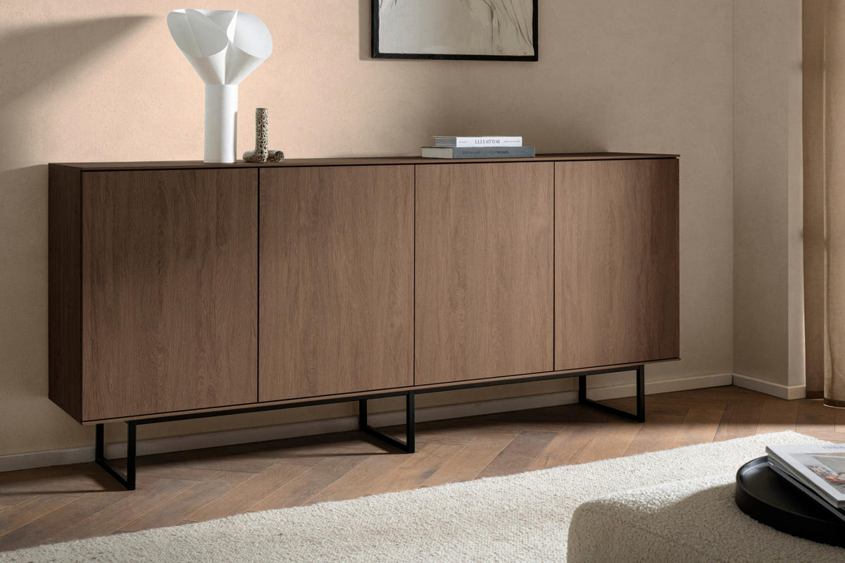 SIDEBOARD in Nussbaum 200 x 90 cm, Kommode mit Push-to-Open - Nussbaumfarben/Schwarz, Holzwerkstoff/Metall (200/90/40cm) - Furn.Design