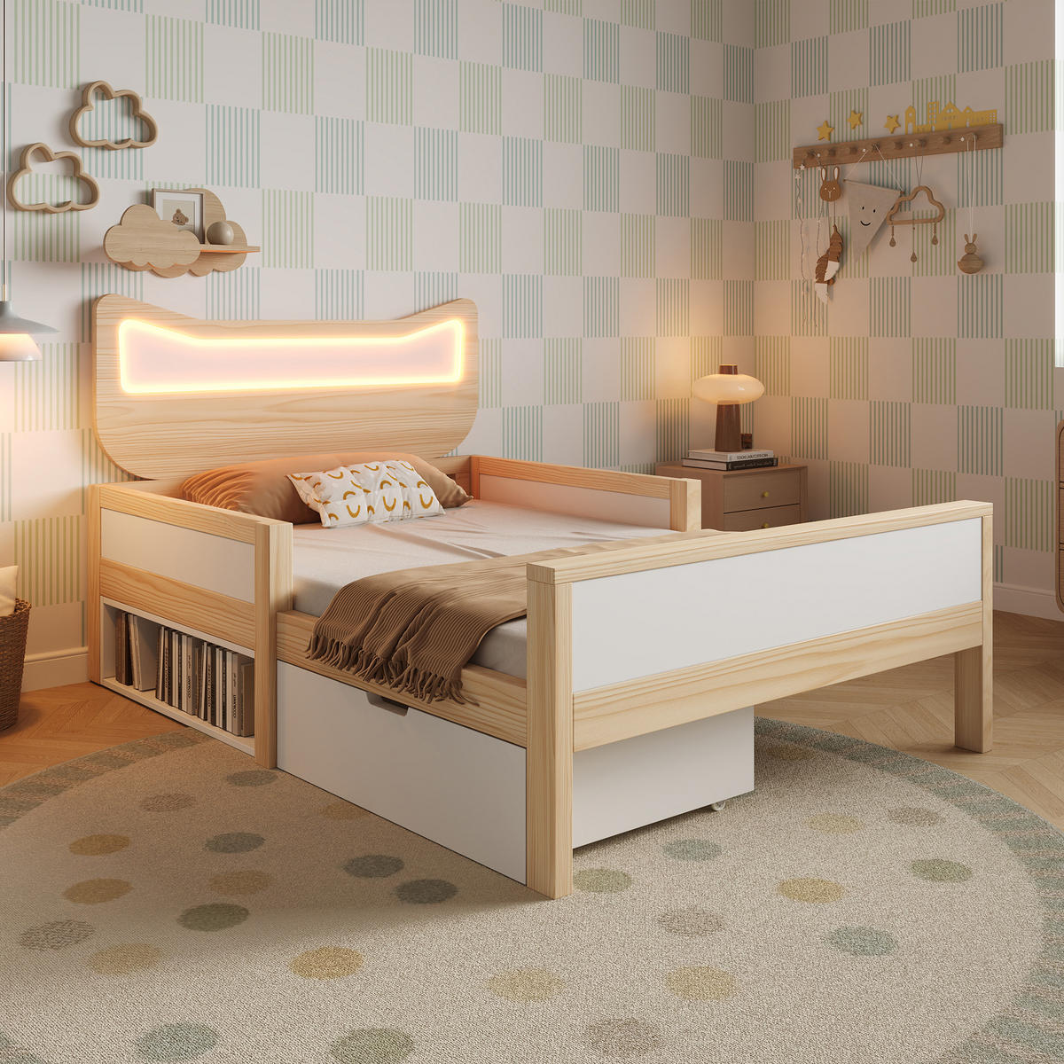 KINDERBETT 90/190 cm in Weiß & Eiche mit Schublade, Staufach und LED - Weiß, Holz/Holzwerkstoff (90/190cm) - WISHDOR