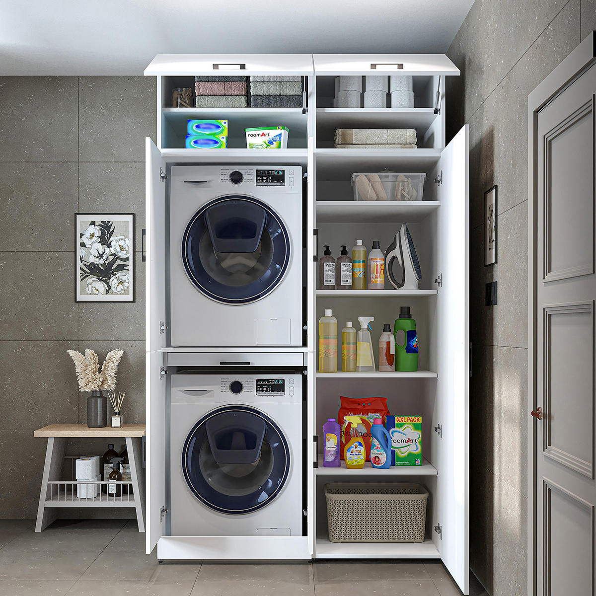 WASCHMASCHINENSCHRANK DORA-I 130cm Breit, 230cm Hoch - Weiß, Holzwerkstoff (130/230/73.8cm)