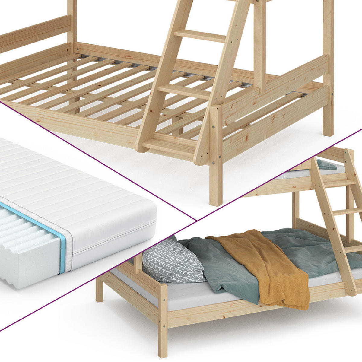 ETAGENBETT Everest Naturholz 140x200/90x200 cm mit 2 Matratzen - Naturfarben, Holz (140/200cm) - VitaliSpa