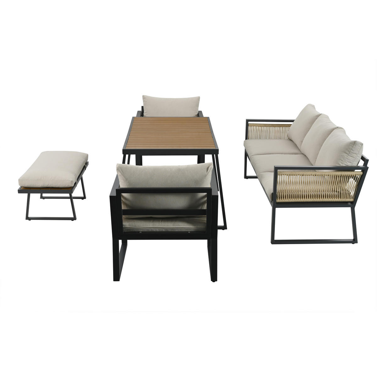 GARTEN-ESSGRUPPE Beige 5-tlg. mit 3er Sofa, 2 Sesseln, Hocker & Esstisch - Beige, Metall - ComfortXL