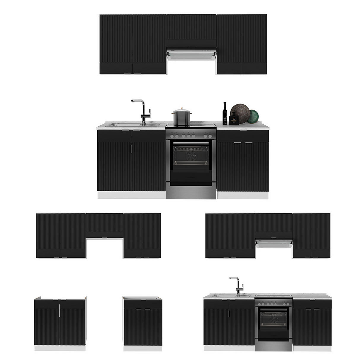 KÜCHENZEILE Fame-Line, Schwarz gestreift/Weiß, 200 cm ohne Arbeitsplatte - Schwarz/Weiß, Holzwerkstoff (200/81.6/46cm) - Vicco