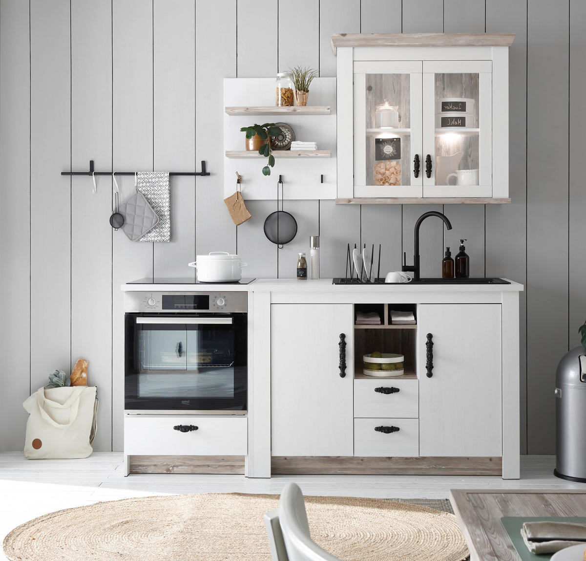 HÄNGESCHRANK weiß Pinie Landhaus, Küchenschrank hängend 92 x 85 cm, Soft-Close - Schwarz/Weiß, Glas/Holzwerkstoff (92/85/34cm) - Furn.Design