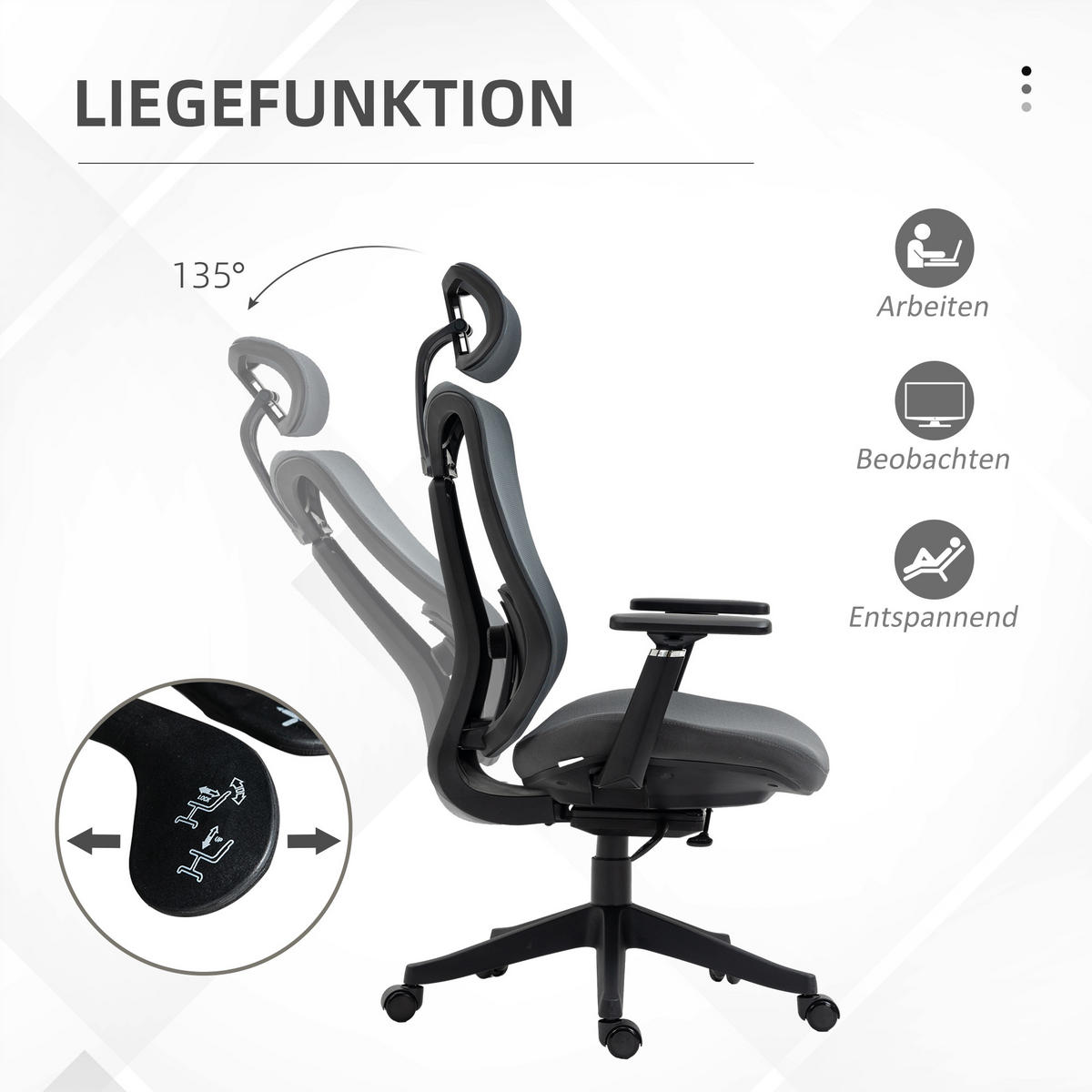 BÜROSTUHL, Ergonomischer Schreibtischstuhl, Computerstuhl mit Liegefunktion - Grau, Kunststoff (66/128/70cm) - Vinsetto