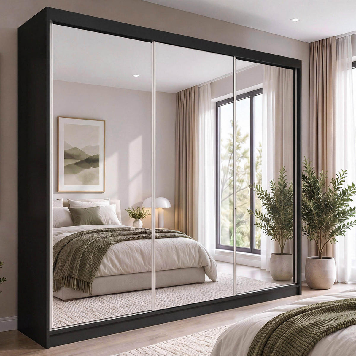 SCHWEBETÜRENSCHRANK Debra 240/216/61 schwarz mit Spiegel - Schwarz, Holzwerkstoff (240/216/61cm) - Beautysofa