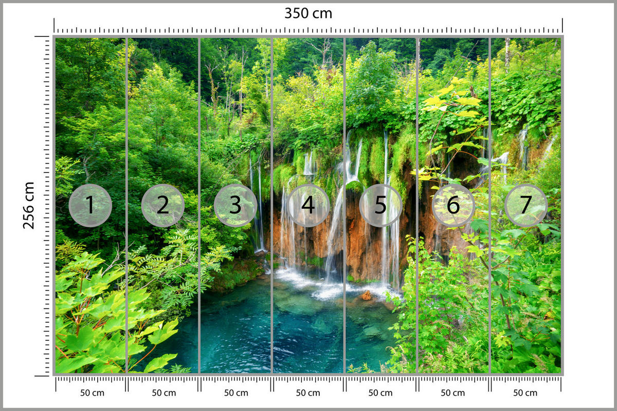 FOTOTAPETE für Esszimmer Exotischer Wasserfall Dschungelwald 350x256 - Türkis/Braun, Papier (350/256cm) - Muralo