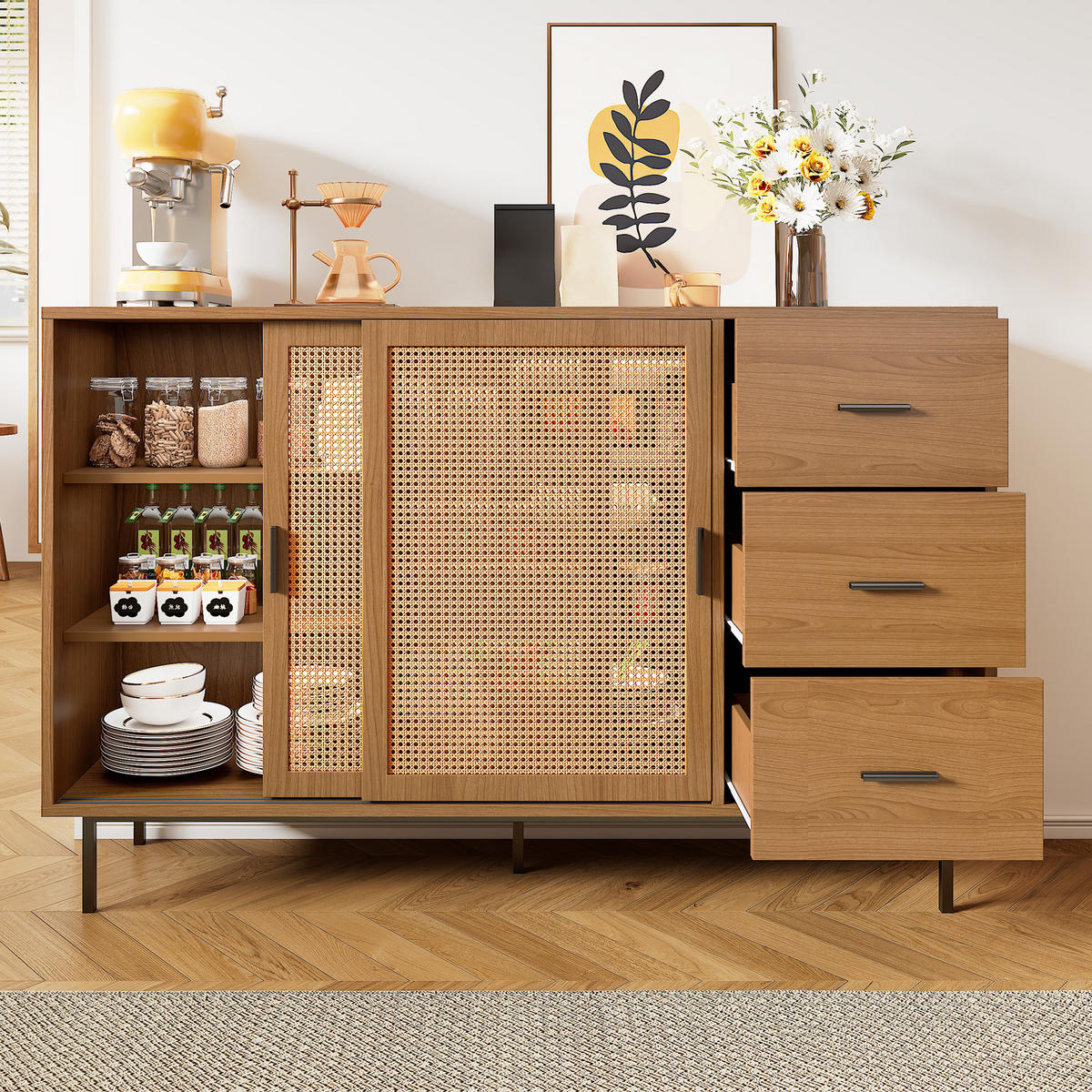 SIDEBOARD 140/37/91 cm mit 2 Schiebetüren & 3 Schubladen in Natur - Naturfarben, Holzwerkstoff (140/91/37cm) - BEAOK