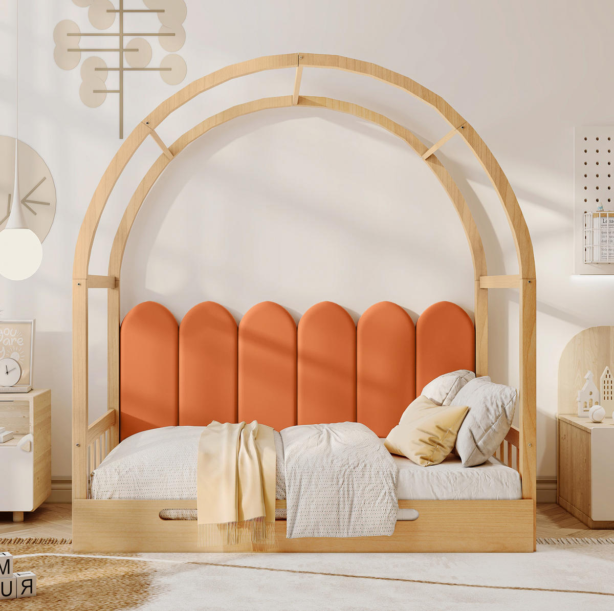KINDERBETT 140/200 cm mit Ausziehfunktion, Dachrahmen, Kiefernholz und Matratze, Natur/Orange - Naturfarben, Holzwerkstoff (140/200cm) - Redom