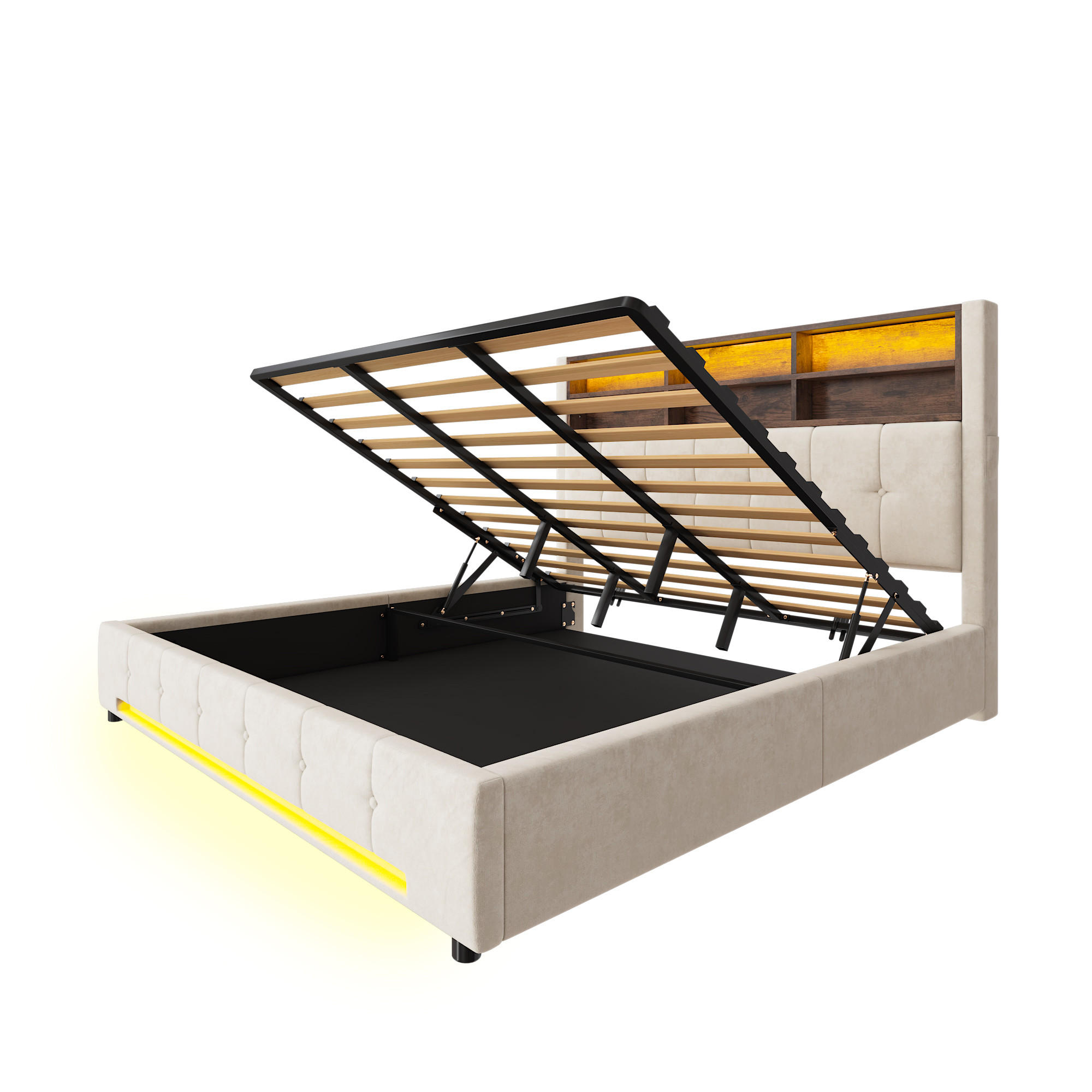 POLSTERBETT 180/200 cm Beige mit 6 Fächer, Seitentaschen, USB-C und LED - Beige, Textil (180/200cm) - Oxeza