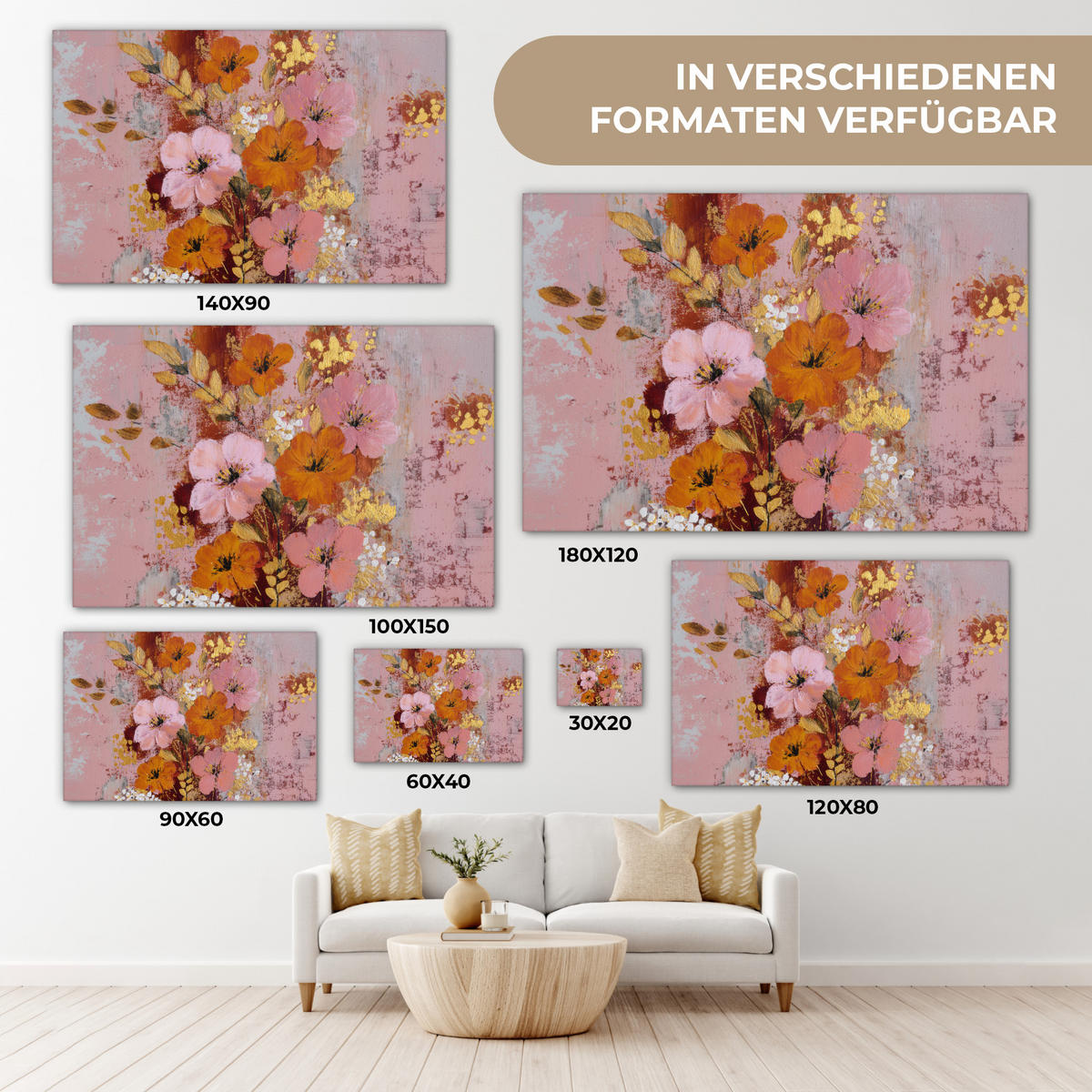 LEINWANDBILD Malerei - Blumen - Rustikal - Rosa Groß 140x90 cm - Altrosa, Textil (140/90cm) - MuchoWow